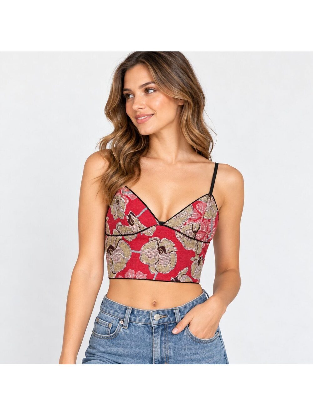 Zara Trafaluc Floral Metallic Bralette Crop Top Red Size XS